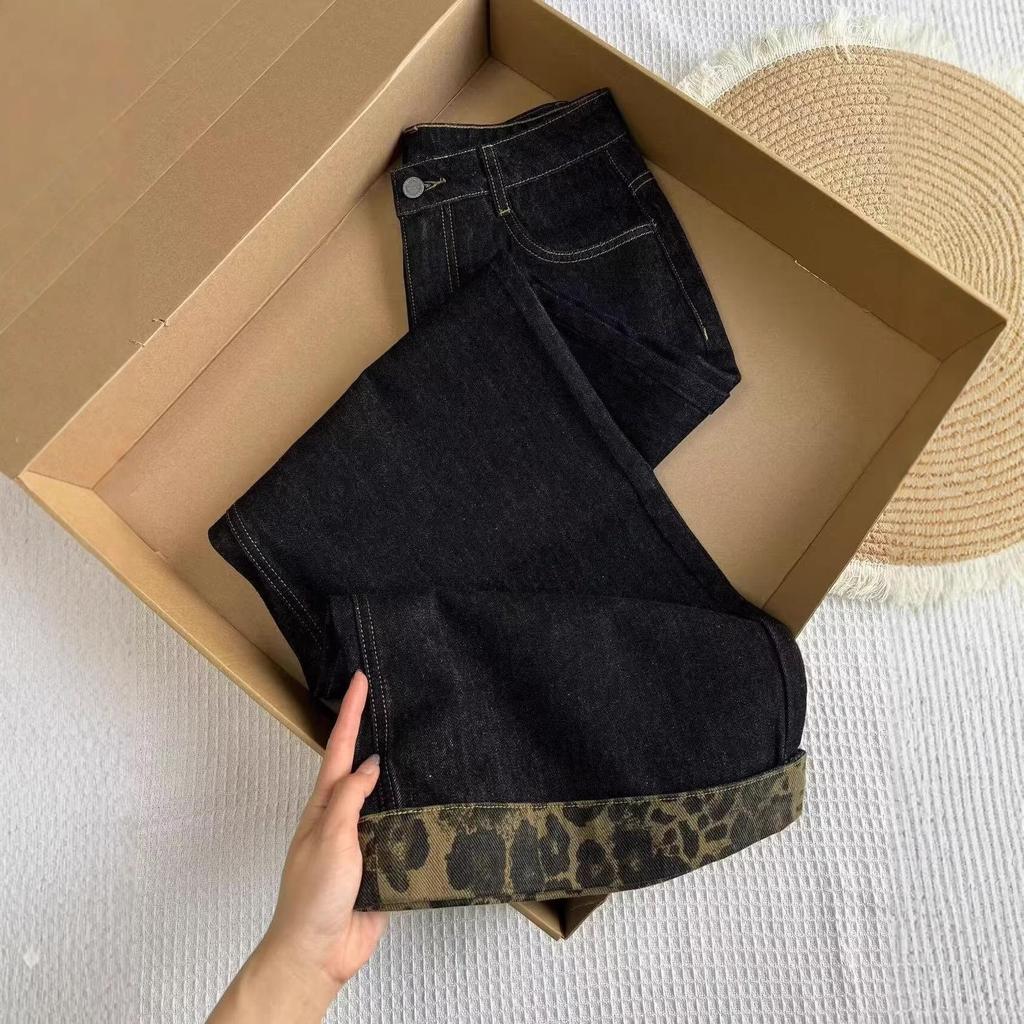Women's Retro Black Leopard Print Rolled Hem Wide Leg Jeans
