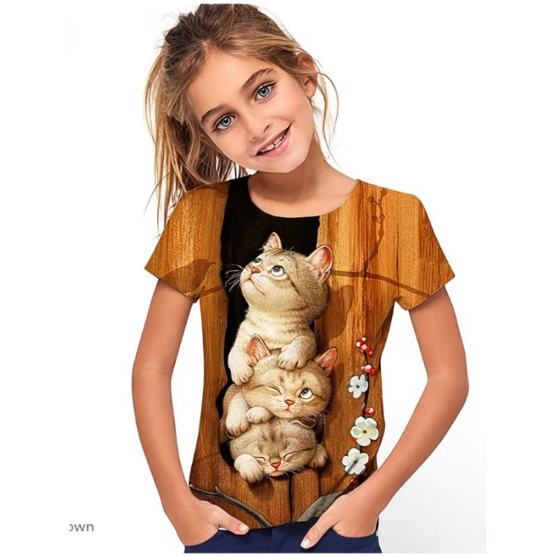 New Children's T-Shirt With Cute Cat Print Pattern Summer Girls Breathable Kids Short-Sleeved High-Quality Top Birthday gift