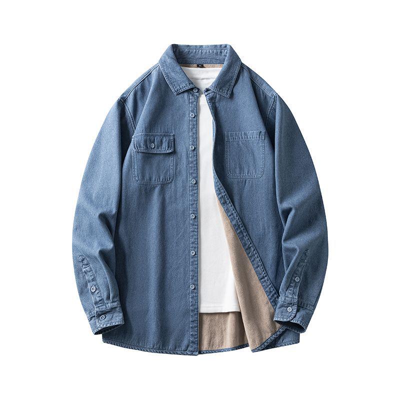 

Velvet-Lined Retro Hong Kong Style Men s Denim Shirt Jacket for Autumn & Winter M [100-125 lbs]
