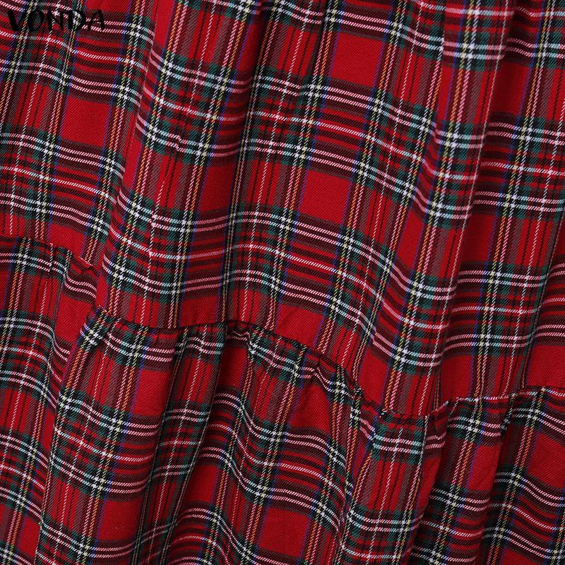 VONDA Rochie Midi Eleganta Retro pentru Femei cu Guler Pătrat, Mâneci Lungi Bufante, Curea, Imprimeu Carouri Vintage