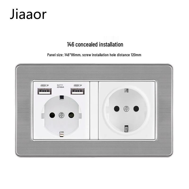 Type 146 Dual USB 16A Two-Gang European Power Socket Panel with German Standard Switch (Concealed)