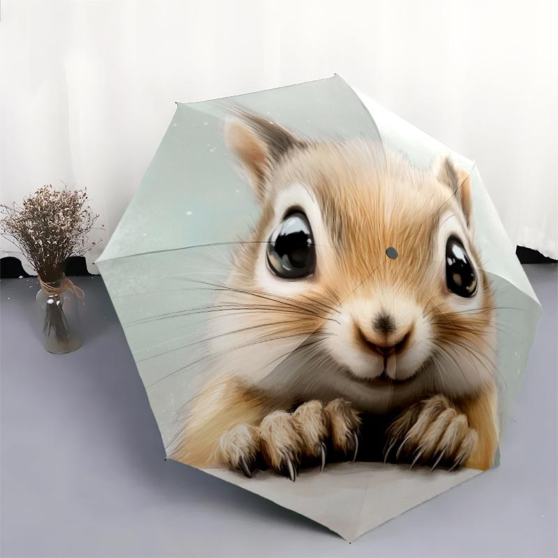 Cute Squirrel pattern, automatic folding umbrella, portable and foldable design, 8 ribs, a Christmas or birthday gift.