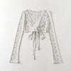 Women's Thin V-neck Cropped Top with Waist Tie & Bell Sleeves - Spring/Summer Long Sleeve Sun Protection