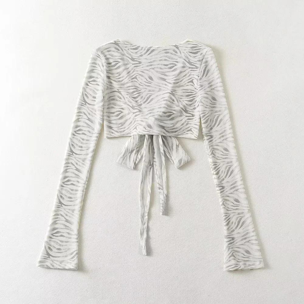 Women's Thin V-neck Cropped Top with Waist Tie & Bell Sleeves - Spring/Summer Long Sleeve Sun Protection