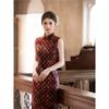 Burgundy rhombus improved cheongsam women's summer new Chinese style retro slim and thin sleeveless long dress Hong Kong style temperament