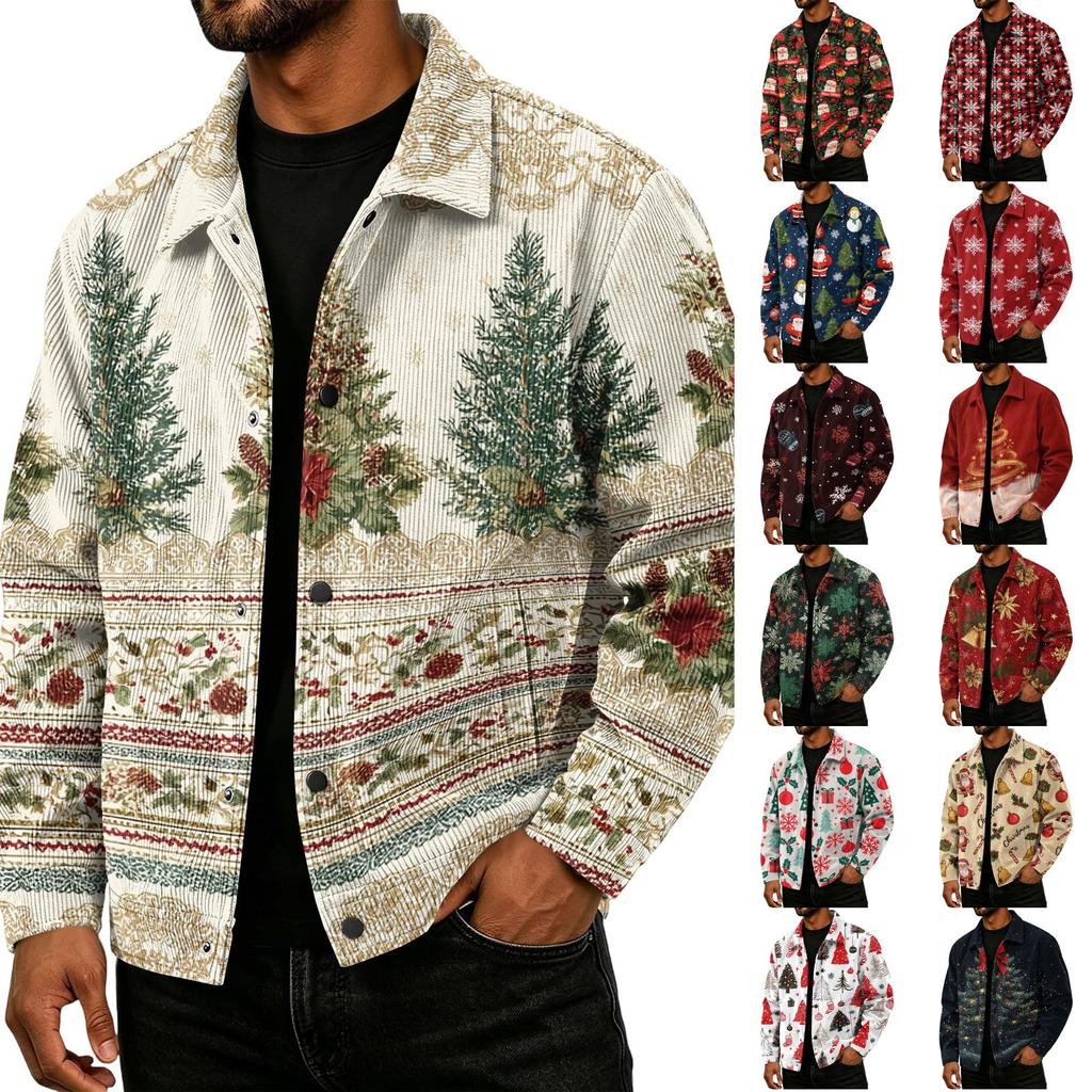 Men's Casual Loose Fit Long Sleeve Jacket with Lapel Collar Christmas Print for Fall