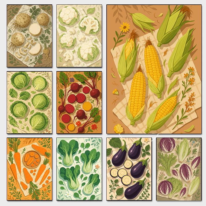 Tablescape Vegetables Posters Eggplants Carrot Corn Celeriac Prints Canvas Painting Wall Art Pictures Home Living Room Decor