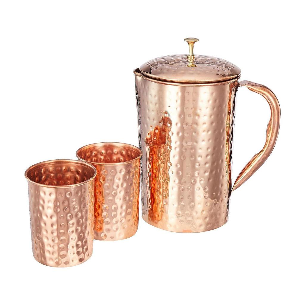 Kladaná měděná džbán s 2 měděnými sklenicemi, 1350 ml