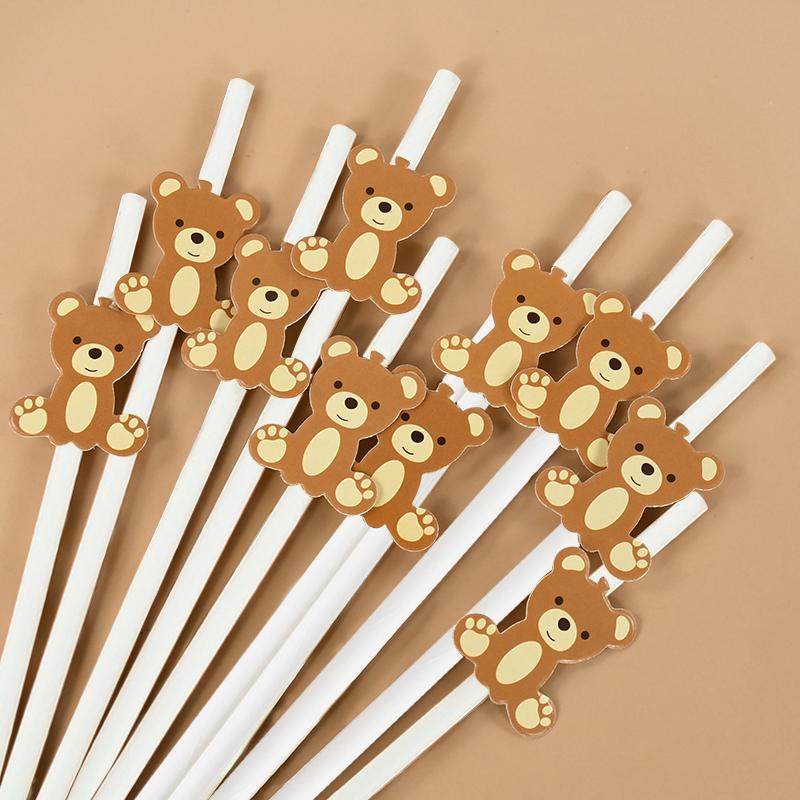 20Pcs Teddy Bear Paper Straws Cute Brown Pink Bear Disposable Drinking Straw Kids Birthday Baby Shower Party Decoration Supplies