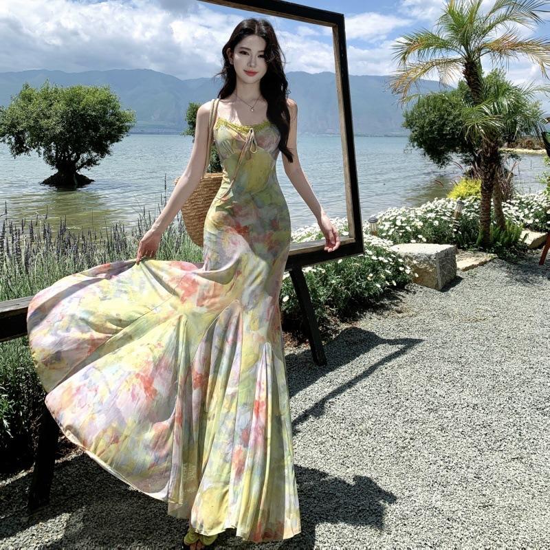 Seaside Vacation Smudge Elastic Mesh Waist Fishtail Suspender Dress Niche Long Dress Women