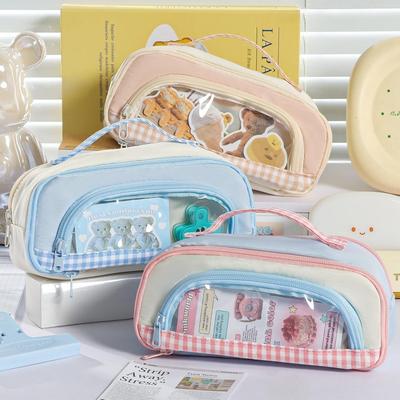 Trousse à crayons à carreaux mignonne pour fenêtre avec poignée Pochette de rangement multicouche grande capacité Design bicolore Multifonction