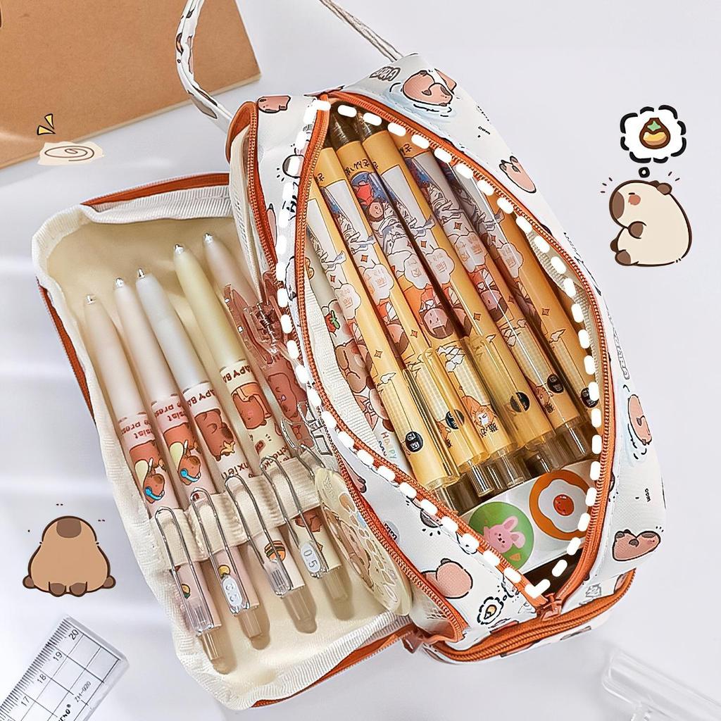 Cartoon Pencil Bag Pen Case Capybara Happy Dog 3 Compartments Multi Mesh Slots Storage Pouch for Stationery School