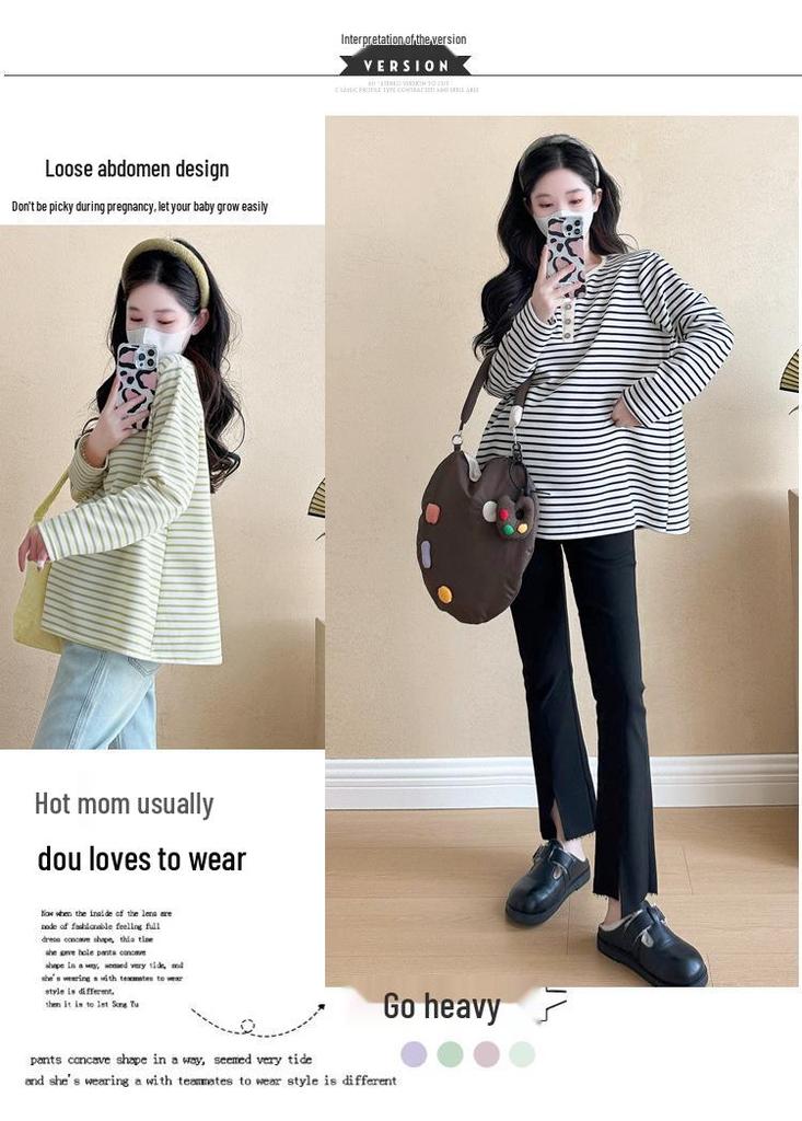 2026 Spring/Summer V-Neck Striped Casual Long Sleeve T-Shirt for Pregnant Women