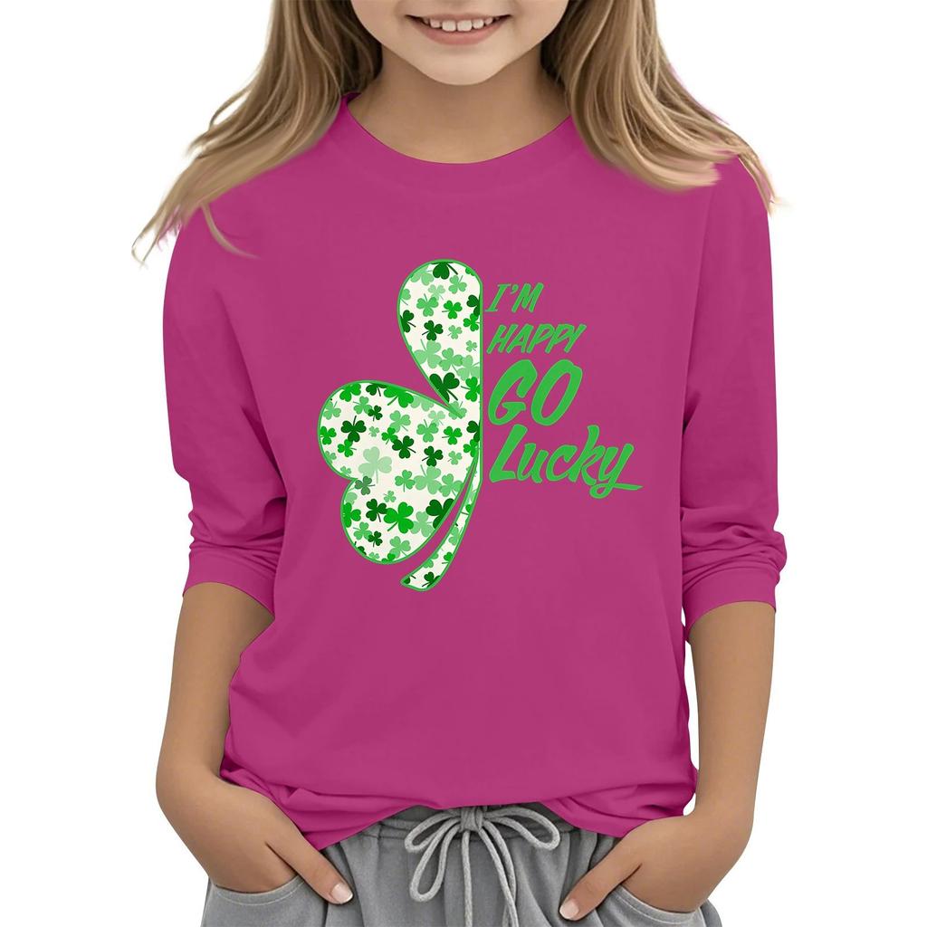 Dziecięcy T-shirt Casual z Nadrukiem na Kołnierzyku na Dzień Świętego Patryka z Rękawem 7/8