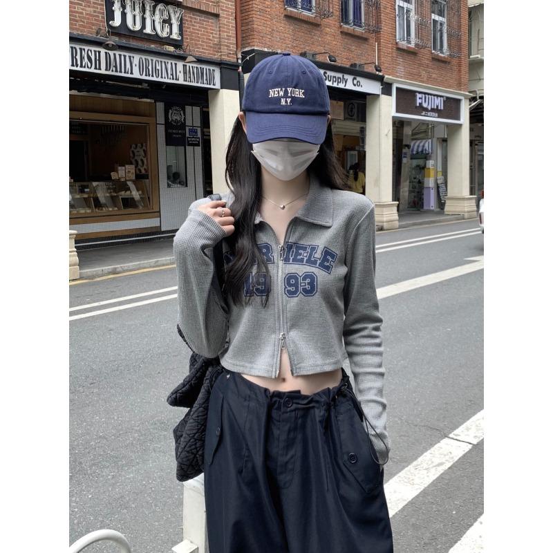 Spring Spice Girl Double Zipper Short Top Alphabet Printed Waffle Polo Neck Long Sleeve Shirt