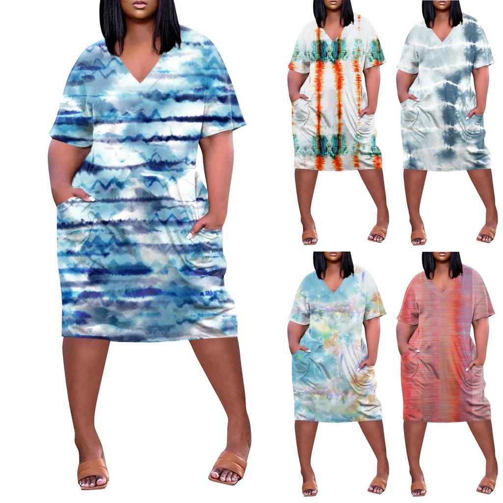 Women's Summer Plus Size V-neck Short Sleeve Print Knee Pocket Casual Dress