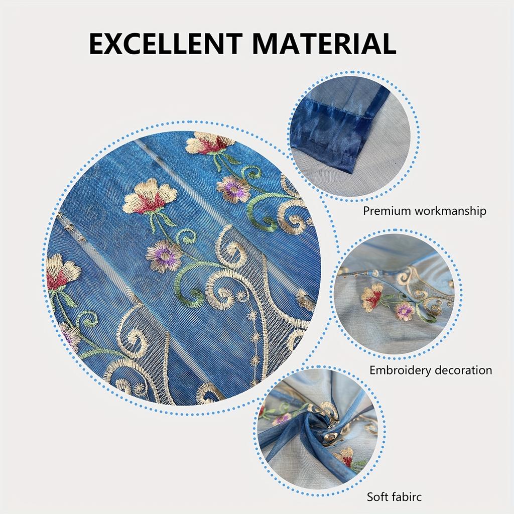 1-Panel Luxury Blue Embroidered Sheer Curtain - Light Filtering, Vintage Flower Pattern, Lace Voile Draperies for Living Room, Bedroom, Dining Room