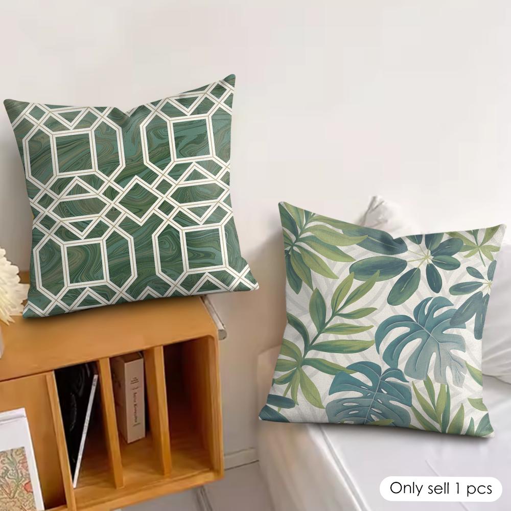 Nordic-Inspired Green Geometric Style Pillow Case Double-Sided Plush Sofa Cushion Covers Organic Breathable Invisible Zipper