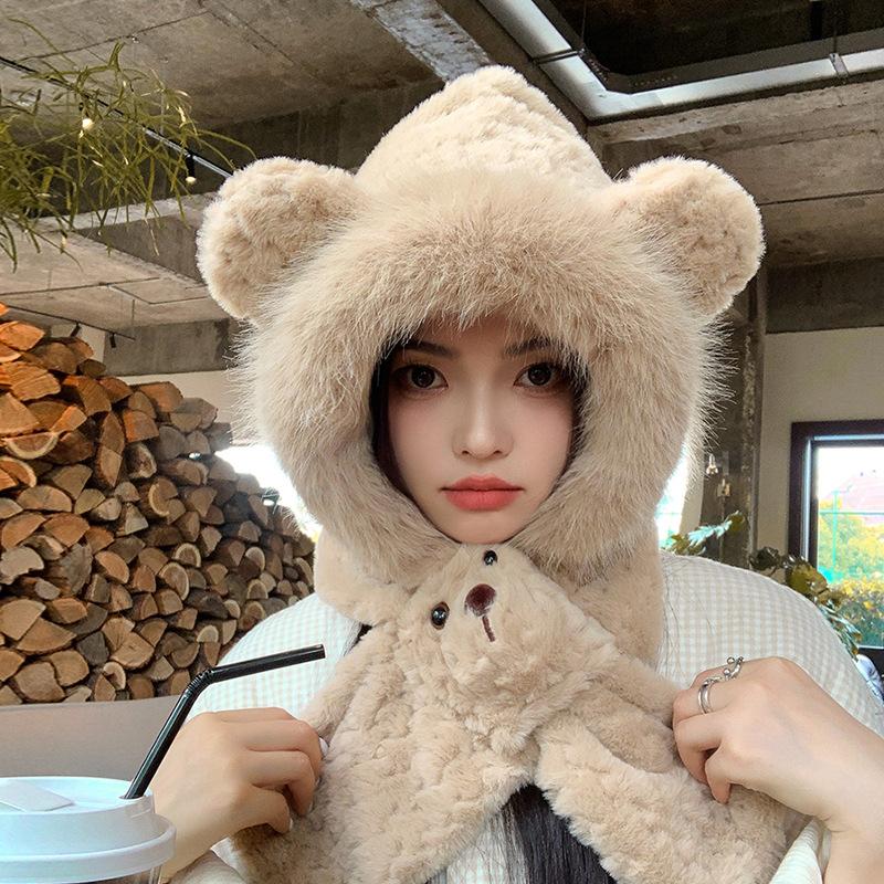 Winter plush hat, scarf, integrated hat, cute bear pullover hat, women's outdoor cold protection and warm ear protection two-piece set
