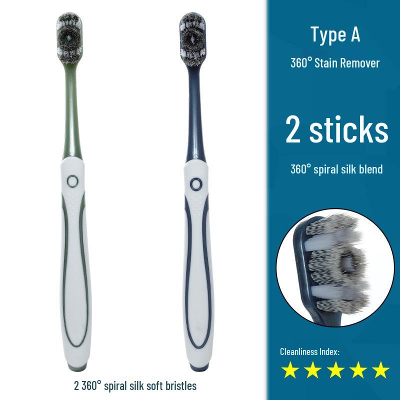 360° Medium-Hard Bristle Toothbrush for Effective Stain Removal - Spiral Filament, Soft Bristle, Adult Size