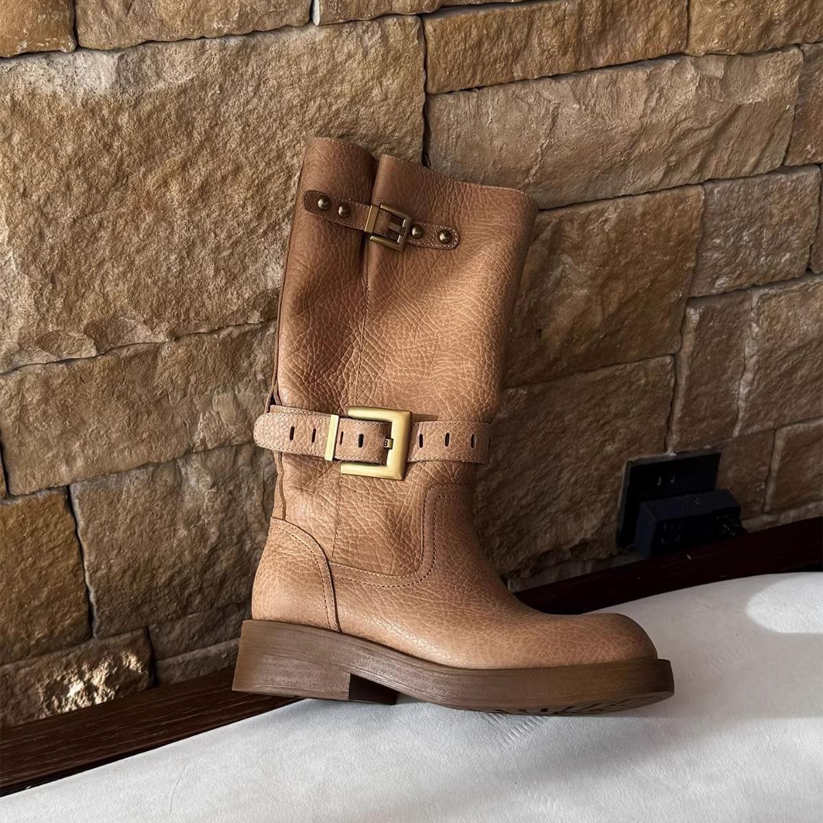 

Cowhide version British buckle medium boots women s new home classic thick-soled versatile wasteland knight boots tide 40 коричневый