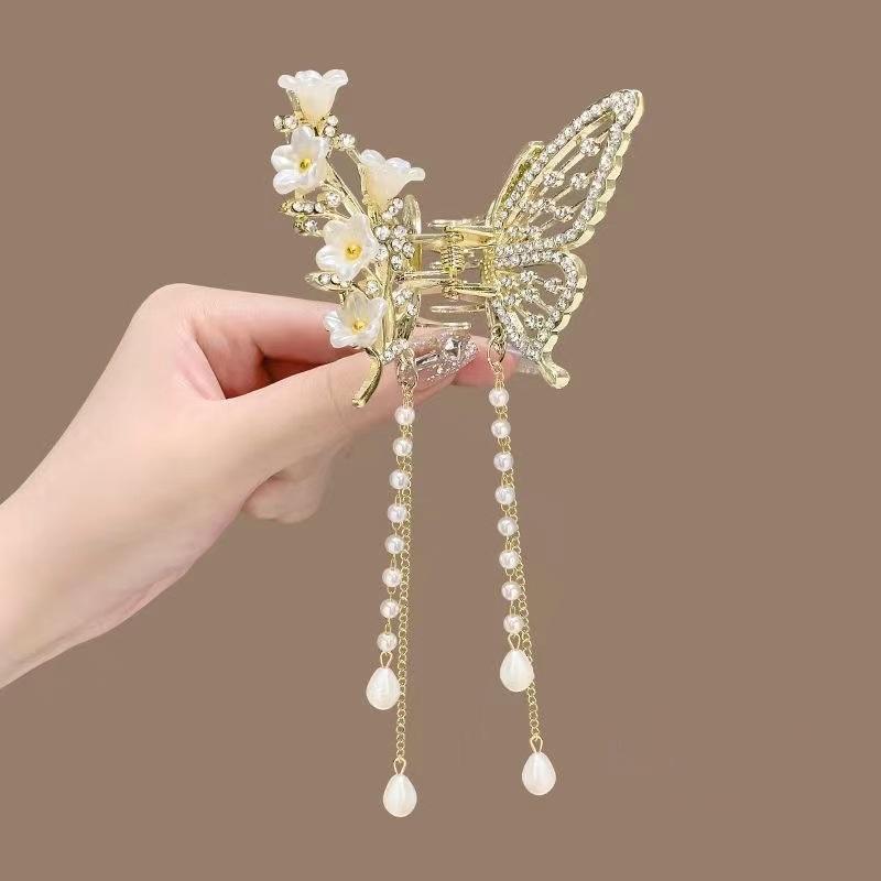 Exquisite Rhinestone Butterfly Fringe Hair Claw Korean New Ponytail Braid Pearl Hair Clip Girl Crab Metal Headdress Gift