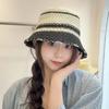 Contrasting Color Hollow Straw Hat Summer Sweet Knitted Breathable Basin Hat Outdoor Travel Versatile Face Covering Sun Hat