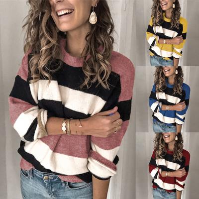 Fashion Women  Long Sleeve Striped Print Casual Knitted Loose Sweater Top