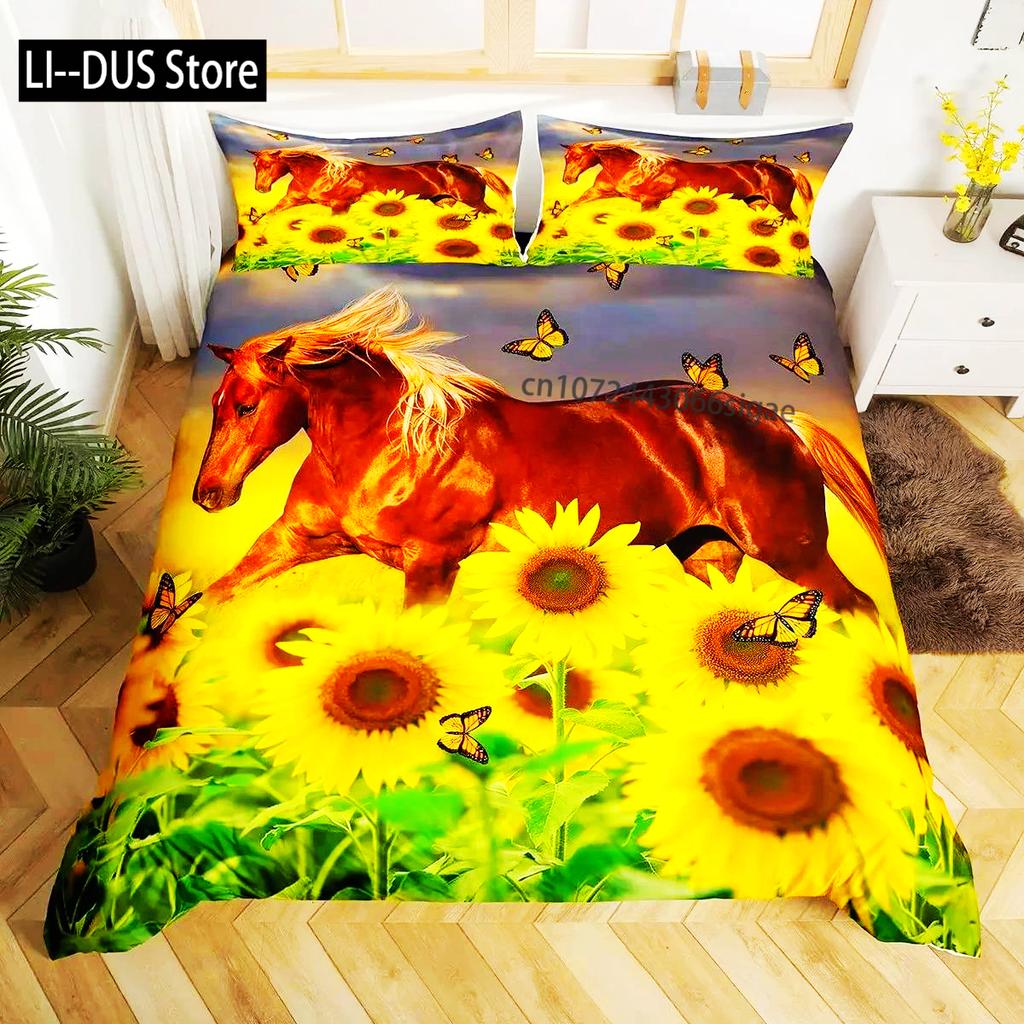 3D-Bettbezug mit Pferd, King- und Queen-Size-Größe, gelbes Sonnenblumen-Bettwäscheset, florales Tiermotiv, Bettbezug, Wildtier-Motiv, weicher Bettbezug