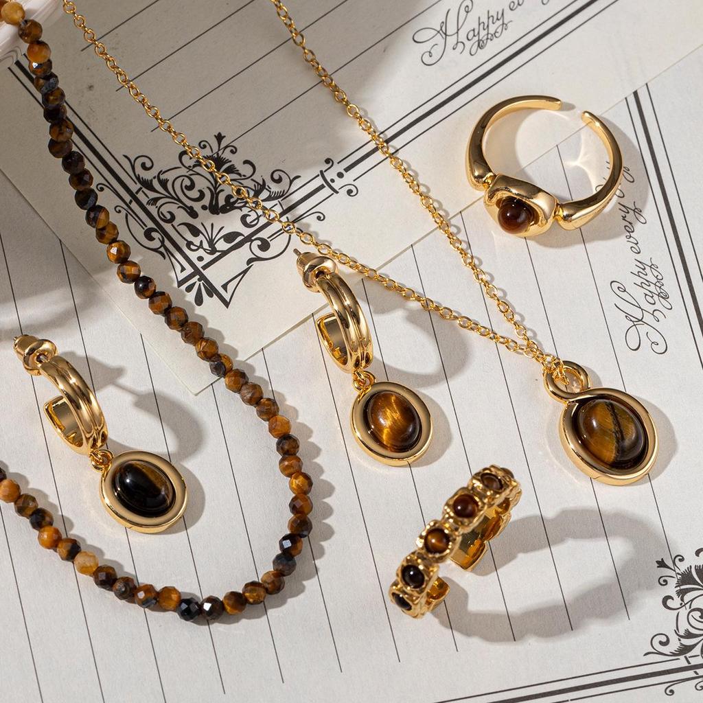 Elegant Retro Tiger's Eye Beaded Jewelry Set: Necklace, Earrings & Ring