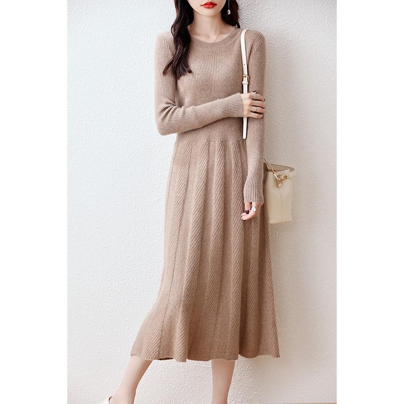 Women's Autumn Loose Merino Wool Crew Neck Sweater Dress Over-the-Knee