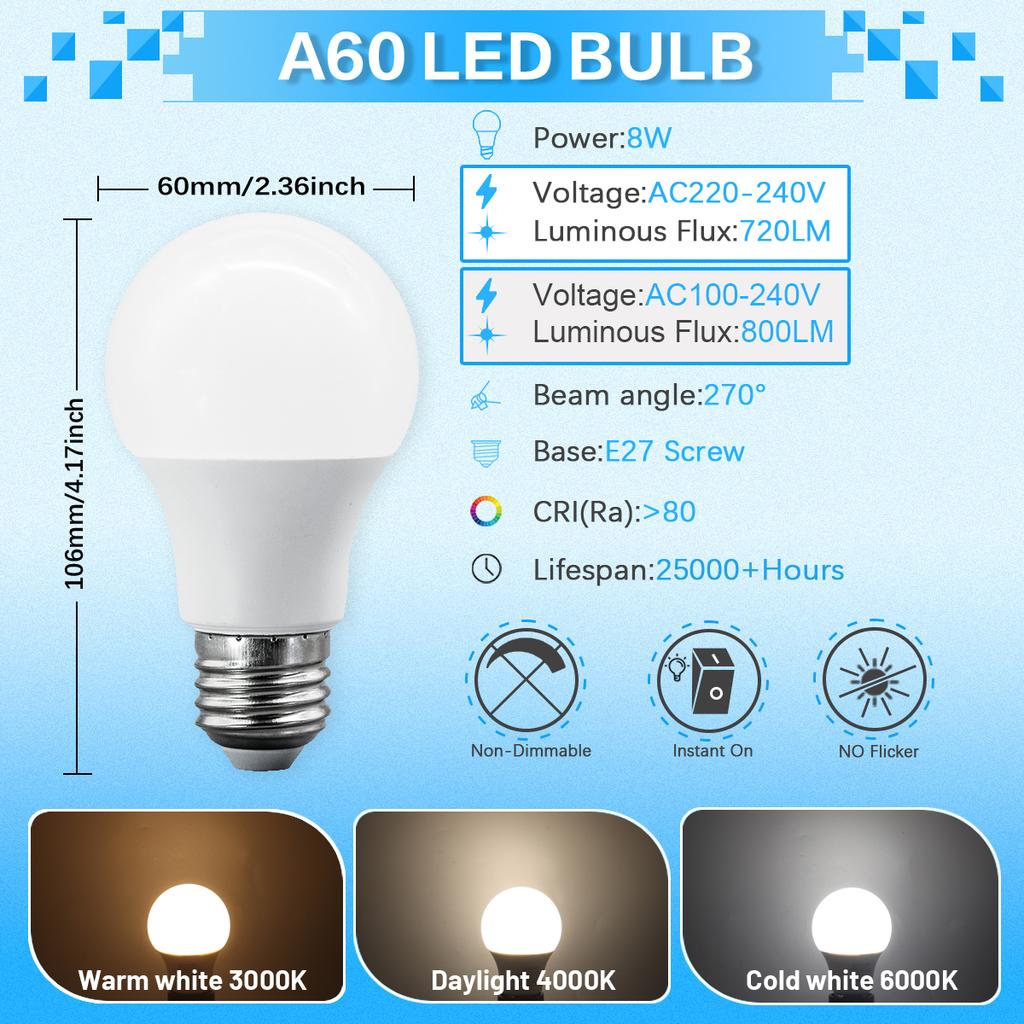 A60 A80 LED Bulb Lamps 8W 9W 10W 12W 15W 18W 20W 24W  Light Bulbs AC 220V 110V E27 Daylight Lighting for Home Foyer Room Decor