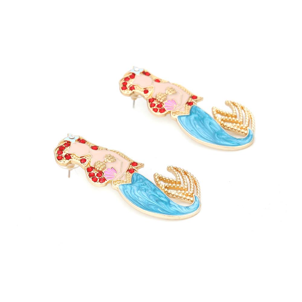Pinkdudu Mermaid Enamel Earrings  Whimsical Shell & Red Crystal Drops Hand-Painted Fairy Tale Jewelry PD1475