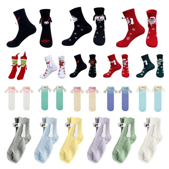 1 Pair Christmas Couple Socks Magnetic Hands Cartoon Deer Snowman Design Long Socks Soft Breathable Xmas Socks