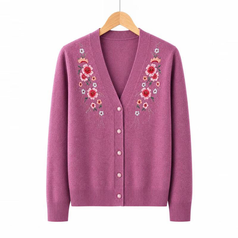 Hodo Women's Elderly Floral Embroidered V-Neck Knit Cardigan