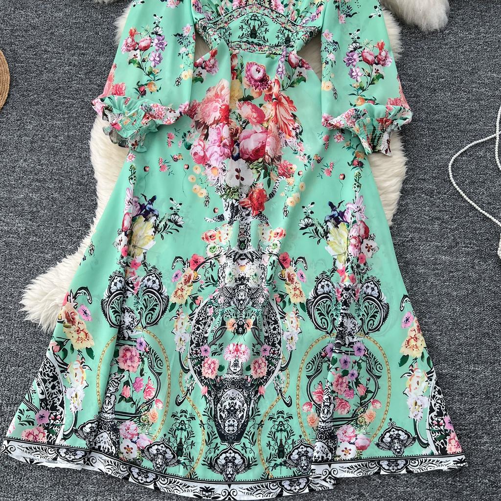 Spring Autumn Women Vintage Print Hot Drilling Chiffon V-neck Long Maxi Holiday Beach Dresses