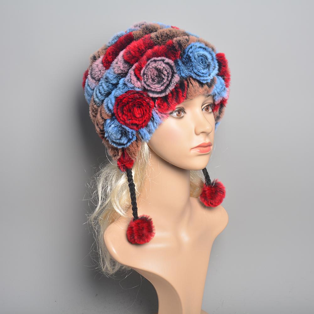 Winter Hats for Girls Women's Fur Hat Real Rex Rabbit Cap Floral Knitted Hat with Balls Skulls Beanies 55-59cm