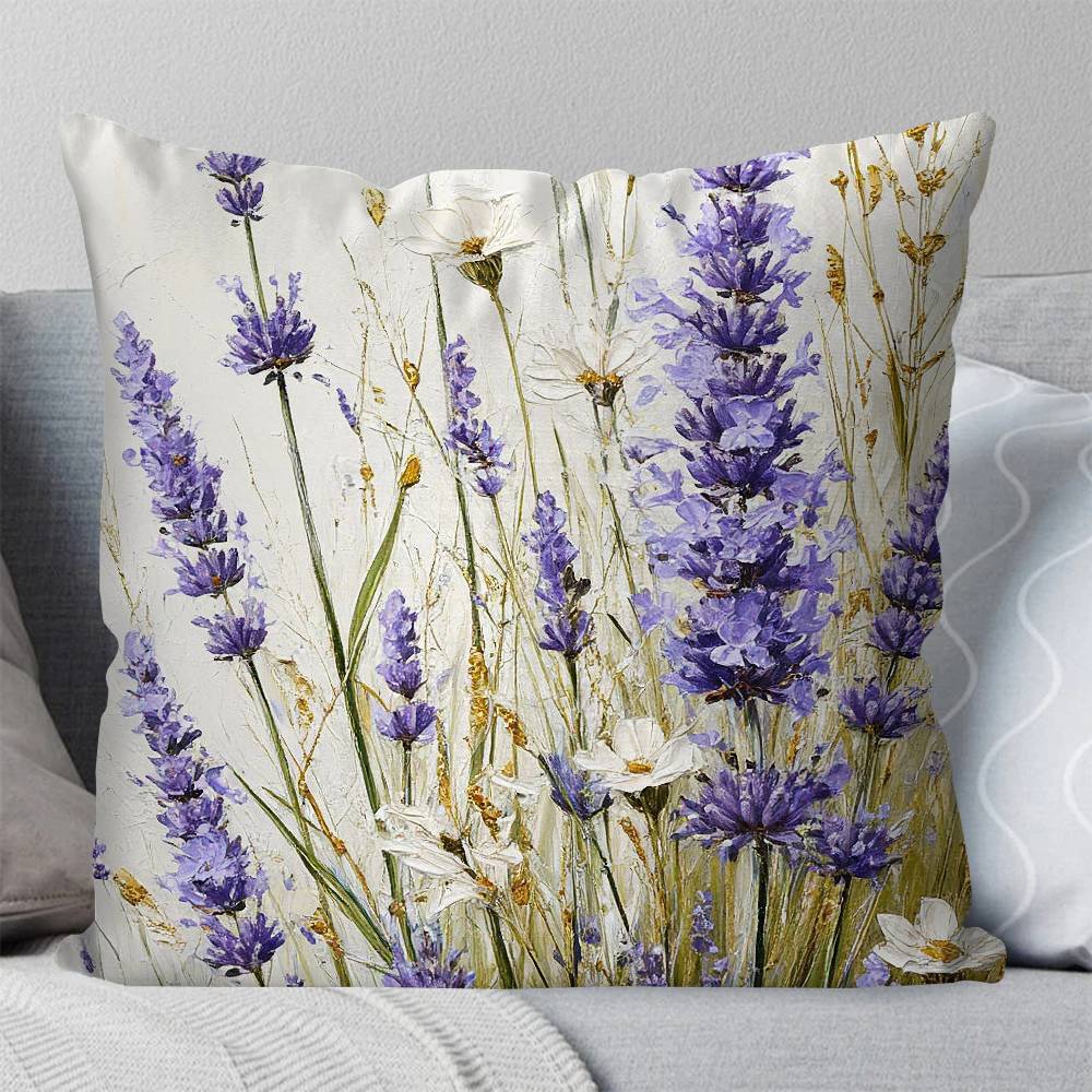 Purple Flower Oil Painting Pillow Case Fashion Square Pillowcase Bedroom Sofa Room Ins Decoration Leisure