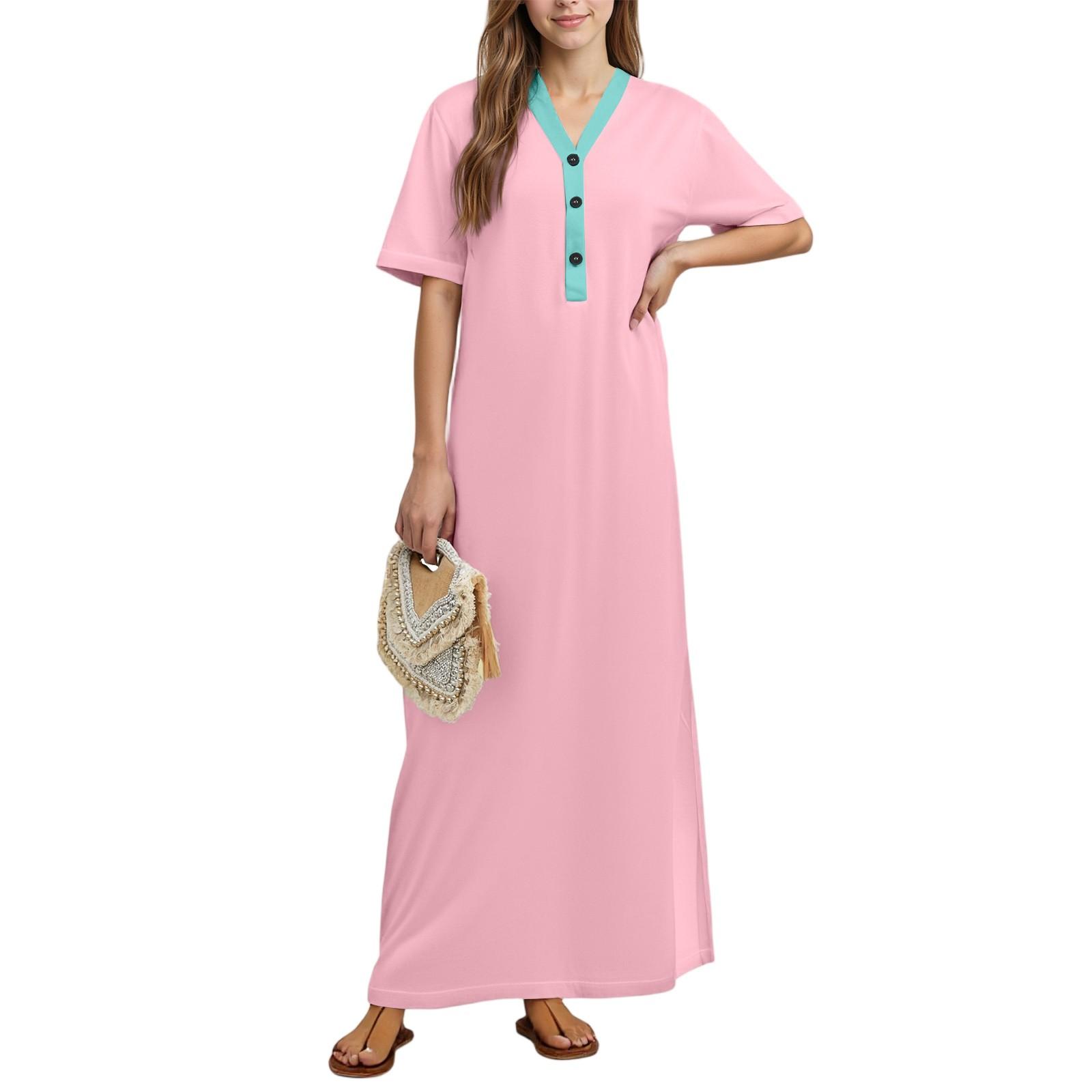 

Женская ночная рубашка Домашняя одежда Ночная рубашка с коротким рукавом и карманами Длинное платье M светло-розовый