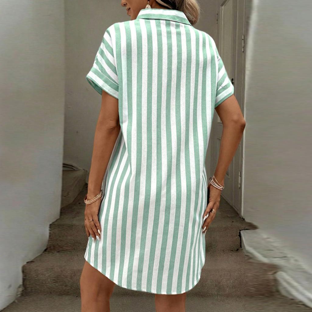 Women's Striped Shirt Dress Short Sleeve Button Front Casual Loose Fit Dress With Pockets