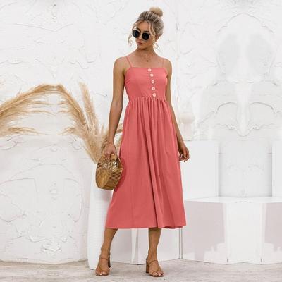 Spring Summer Solid Color Long Dress Women Casual A-line Spaghetti Strap Sleeveless Hight Waist Slim Button Sweet S-XL