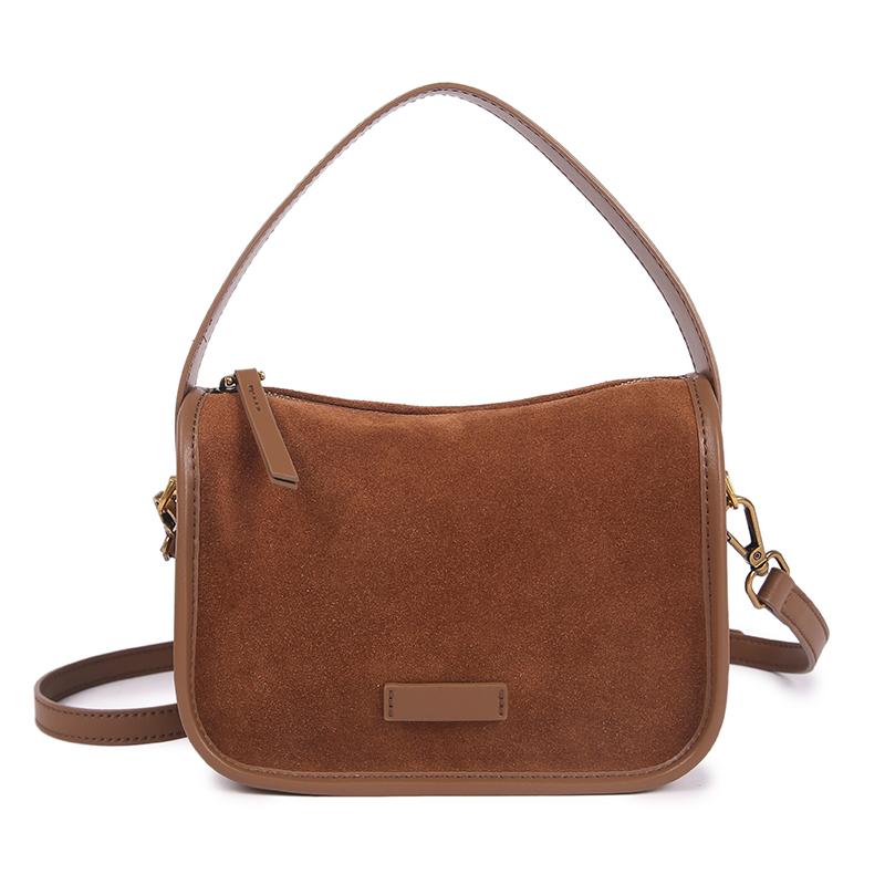 

Retro Women Genuine Suede Cowhide Leather Crossbody Bag Large Capacity Soft Wearable Cow Shoulder Travel Bag With Double Zipper 20x10x16cm