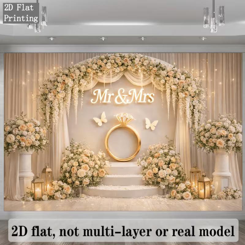 2D Wedding Photography Backdrop, "Mr & Mrs" with Floral Arch & Gold Ring Celebration Background