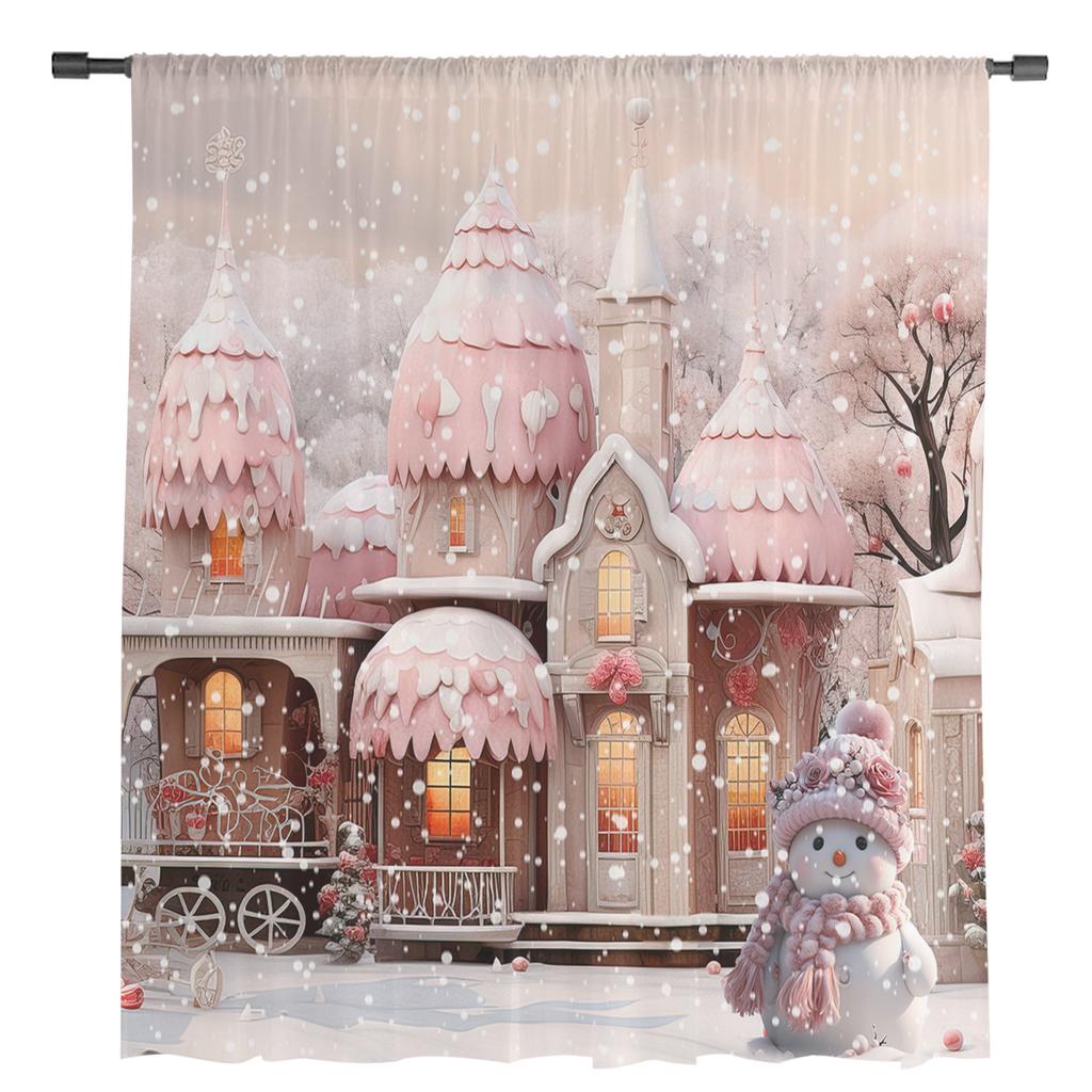 Christmas Snowman Snow Scene Pink House Sheer Curtains Christmas Home Decorations Window Tulle Curtains for Living Room Bedroom