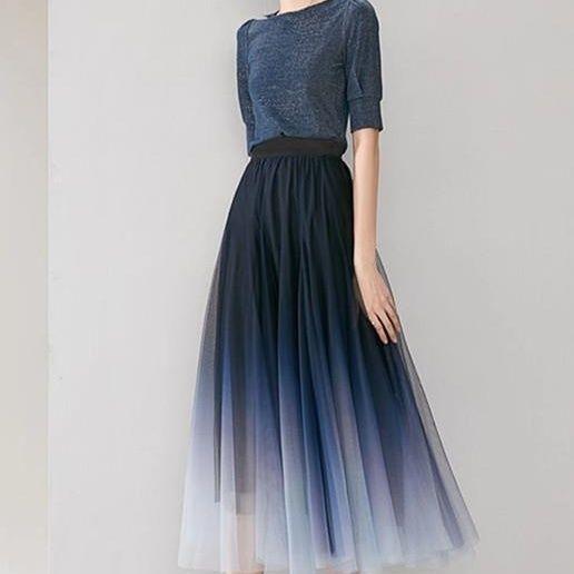 Women High Waist A-Line Mid-Length Gradient Mesh Tulle Skirt Fashion Spring Summer Half Skirt