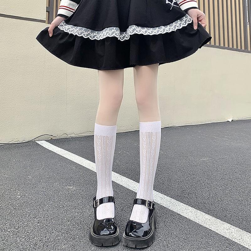 Japanese Lace Stockings Children Thin Mid-Calf Length SocksinsTrendy Hollow Heart Jacquard White Calf Socks Mesh Stockings Stude