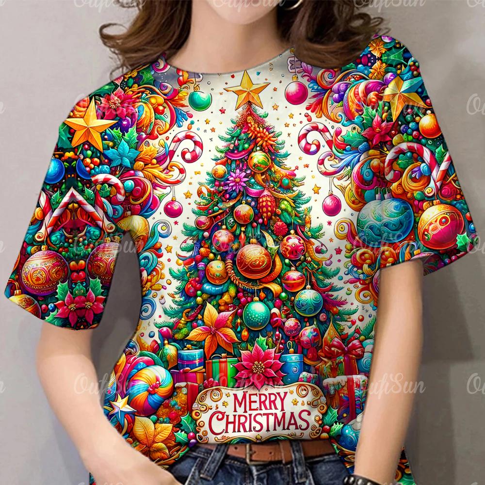 

Футболка женская с принтом в виде красочной рождественской елки, модная одежда для рождественской вечеринки, летняя футболка с круглым вырезом и короткими рукавами, топы S