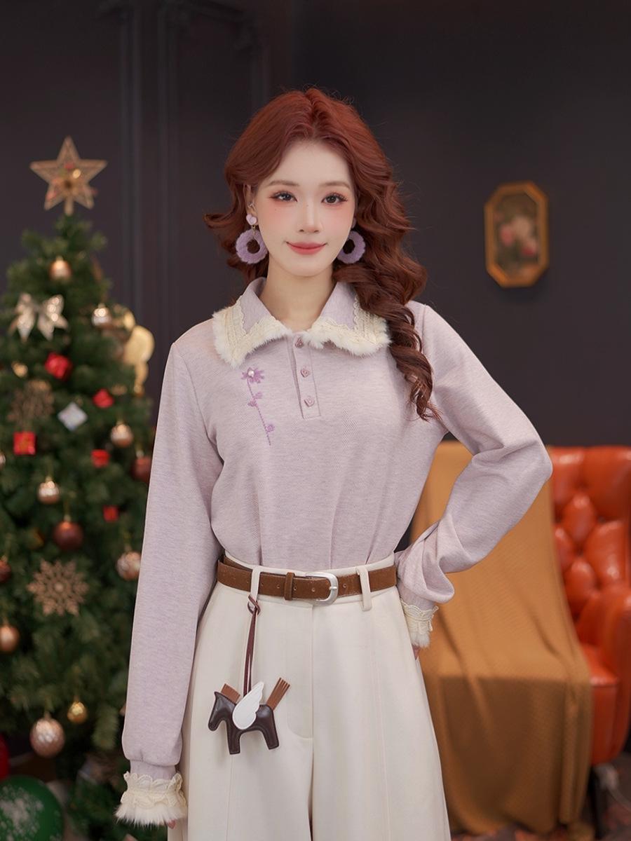 DaYuanSAD Women s Thickened Embroidered Knit Top #L15046 Medium фиолетовый