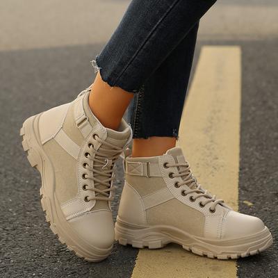 Nya Damstövlar Höga Sneakers Läder Canvas Ridstövlar Motorcykel Ankelstövlar Plattform Arbetskläder Stil Skor Plus Storlek 44