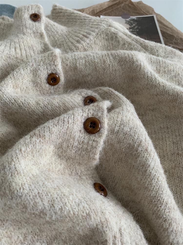 Minimalistischer koreanischer Wollstrick-Cardigan für Damen – Hoher Kragen, Knopfleiste, Weich & Trendig Herbst/Winter Pullover